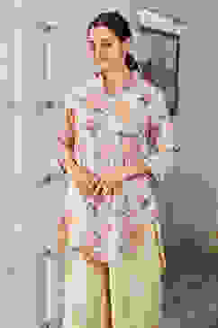 Beige Cotton Floral Printed Straight Kurta image number 0