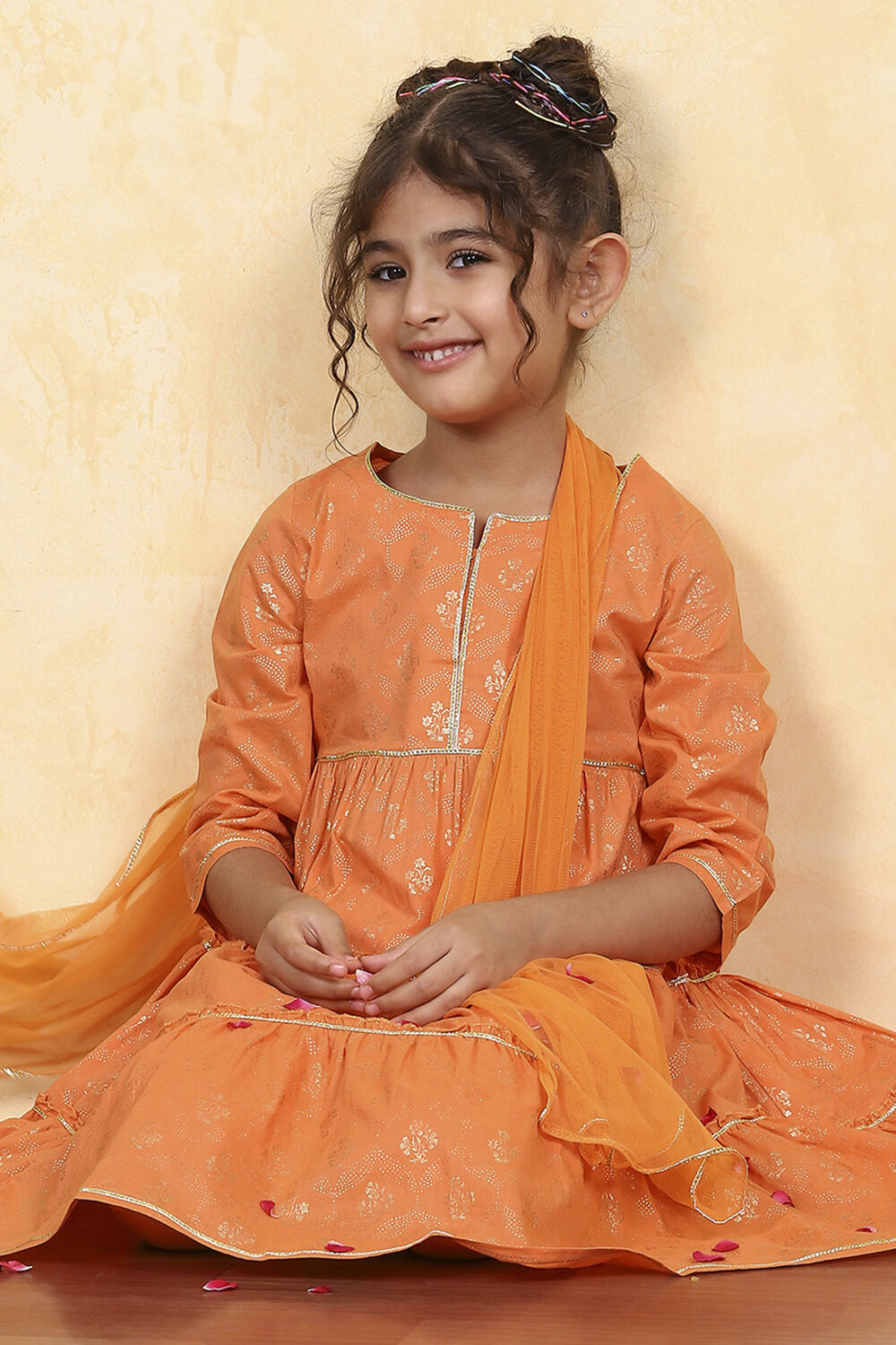 Blue Cotton Tiered Printed Kurta Churidar Set image number 0