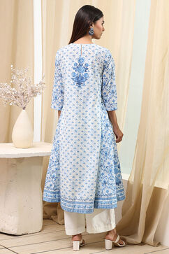 Off-White and Blue Cotton Floral Kalidar Suit Set image number 4