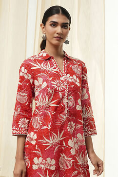 Red Pure Cotton Floral Straight Kurta image number 1