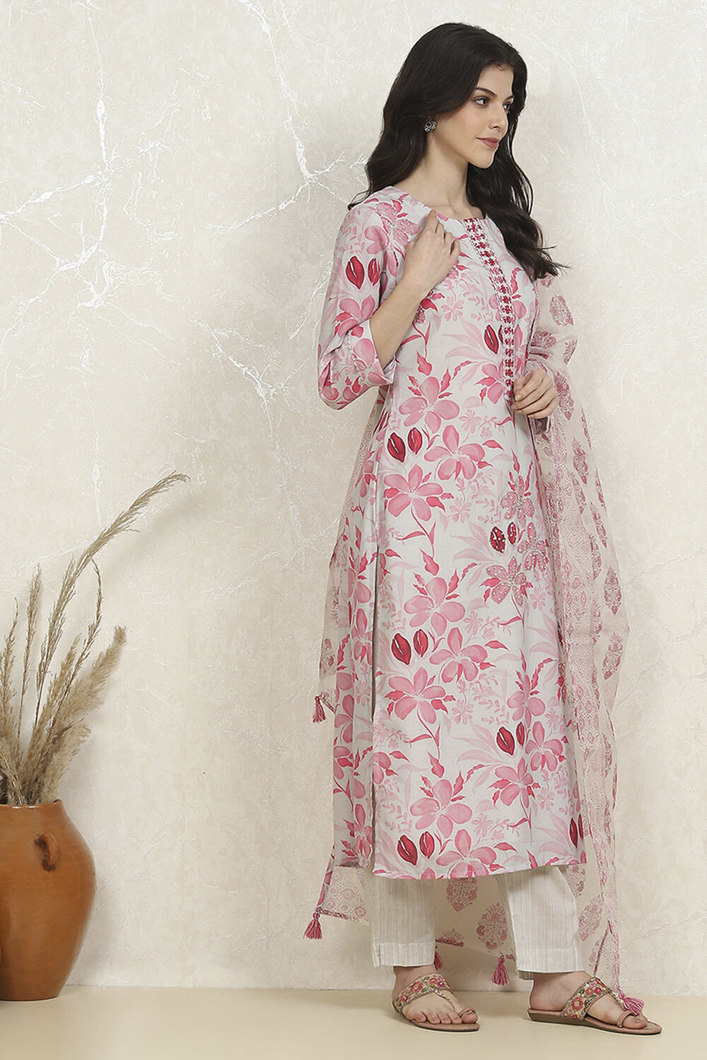 Pink and White Cotton Printed Unstitched Suit Set image number 6
