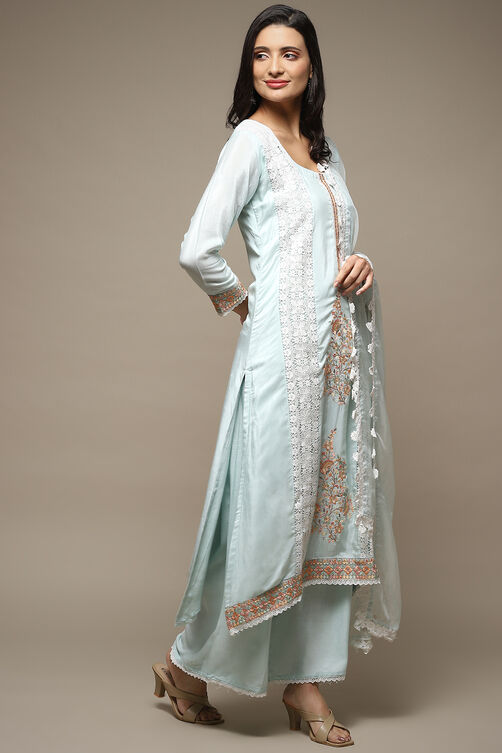 Light Blue Muslin Lace Unstitched Suit Set image number 7