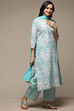 Off White & Blue Cotton Straight Kurta Palazzo Suit Set image number 6