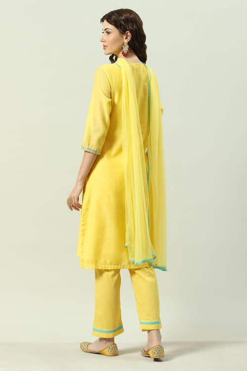 Yellow Cotton Blend A-Line Kurta Pants Suit Set image number 4