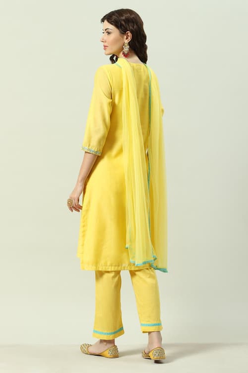 Yellow Cotton Blend A-Line Kurta Pants Suit Set image number 4