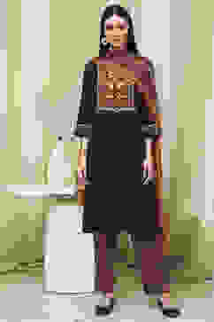 Brown Solid Gathered Straight Suit Set image number 6