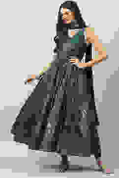 Teal Art Silk Flared Kurta Legging Suit Set image number 5