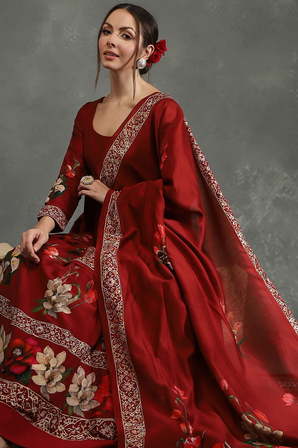 Rohit Bal Maroon Silk Chanderi Floral Anarkali Suit Set image number 5
