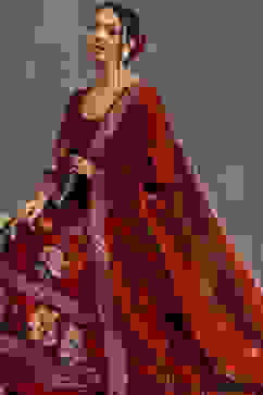 Rohit Bal Maroon Silk Chanderi Floral Anarkali Suit Set image number 5