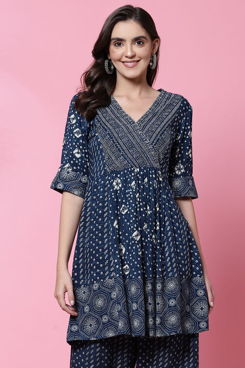 Indigo LIVA Flared Printed Short Kurti image number 0