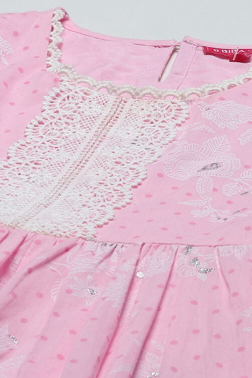 Pink Cotton Floral Printed Gathered Peplum Suit Set image number 1