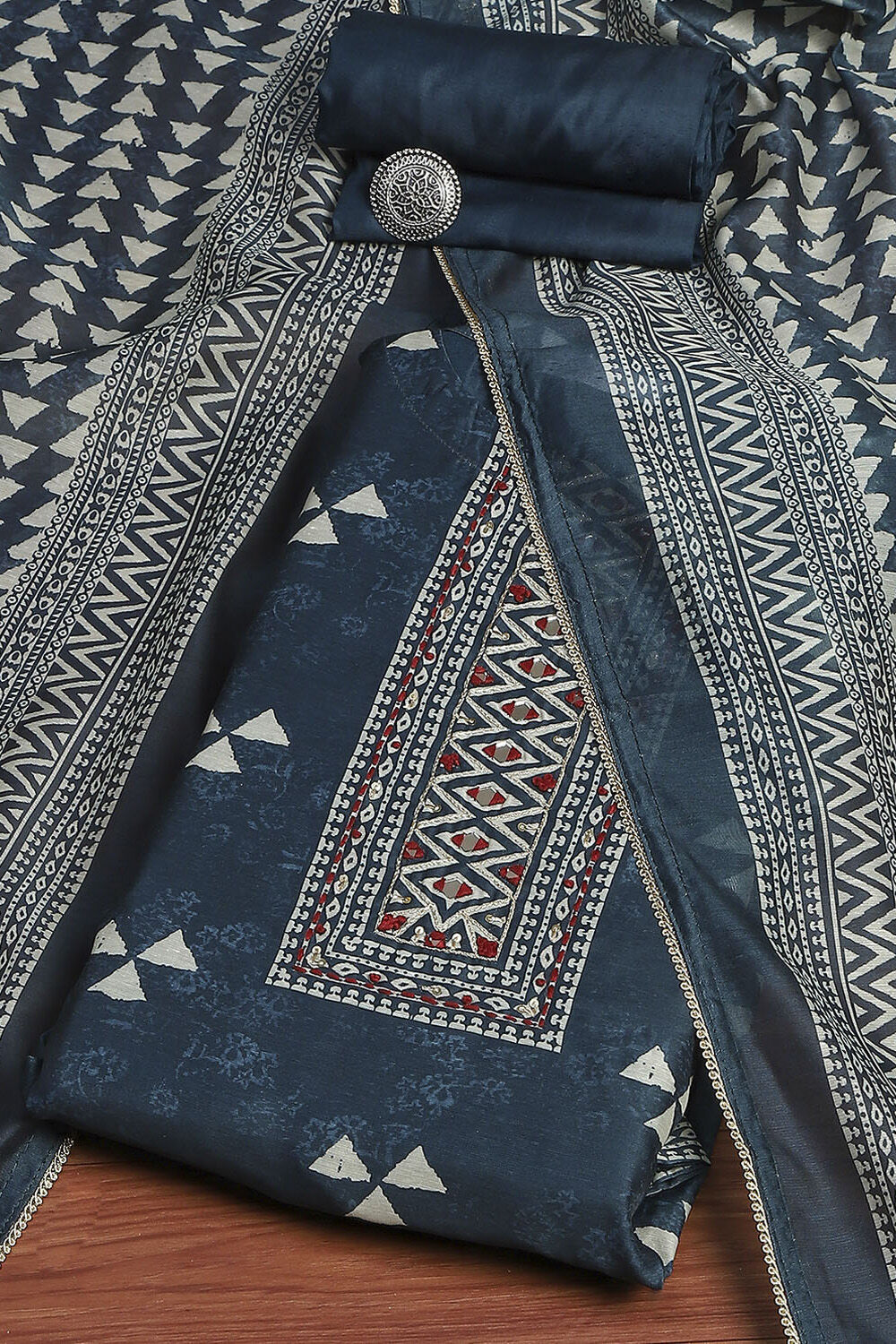 Blue Chanderi Geometric Printed Unstitched Suit Set image number 0