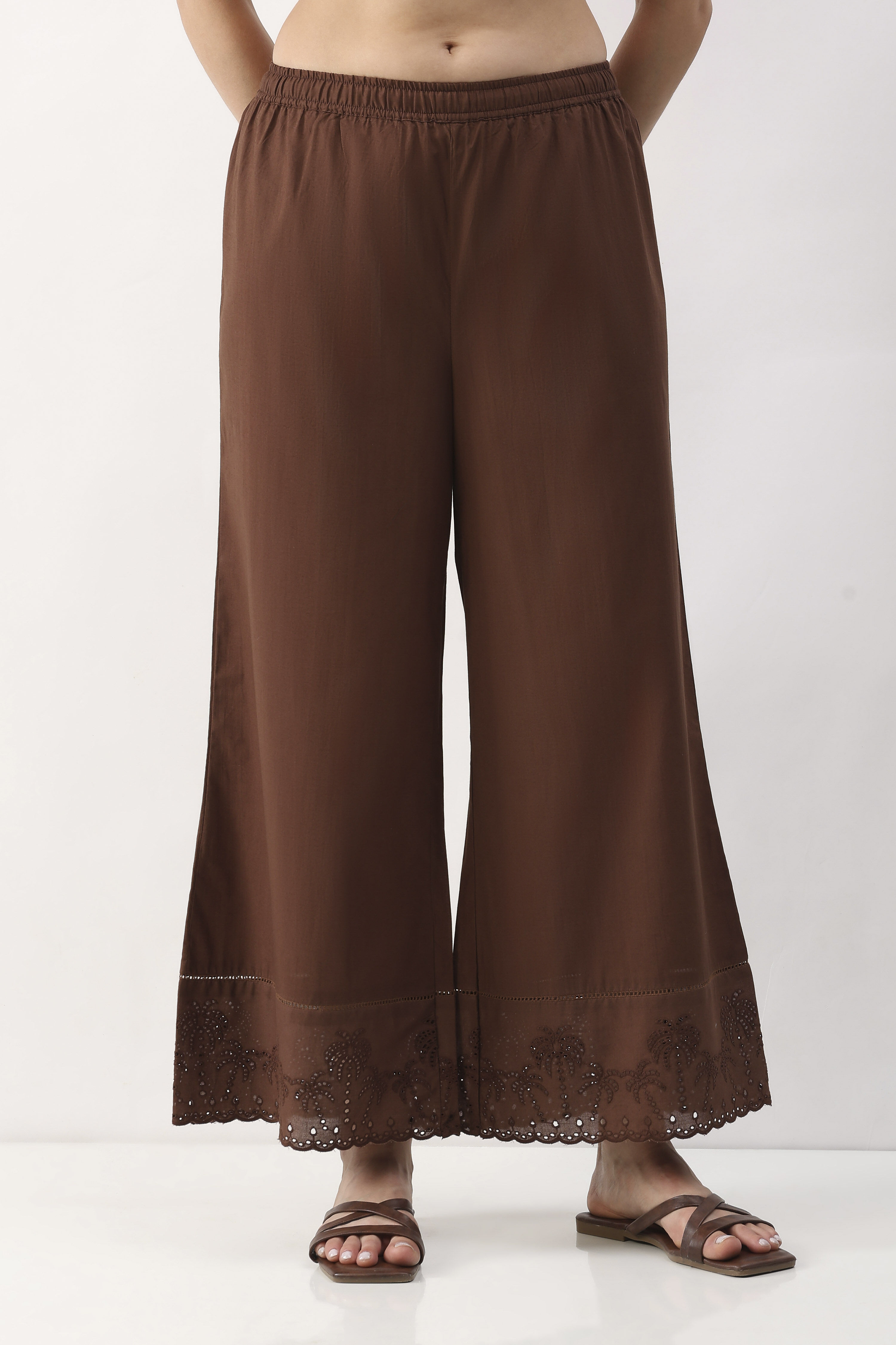 Brown Cotton Flared Palazzo image number 4