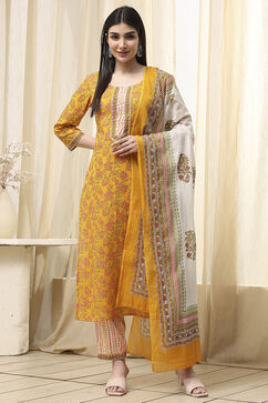 Yellow Cotton Screen Print Unstitched Suit Set image number 1