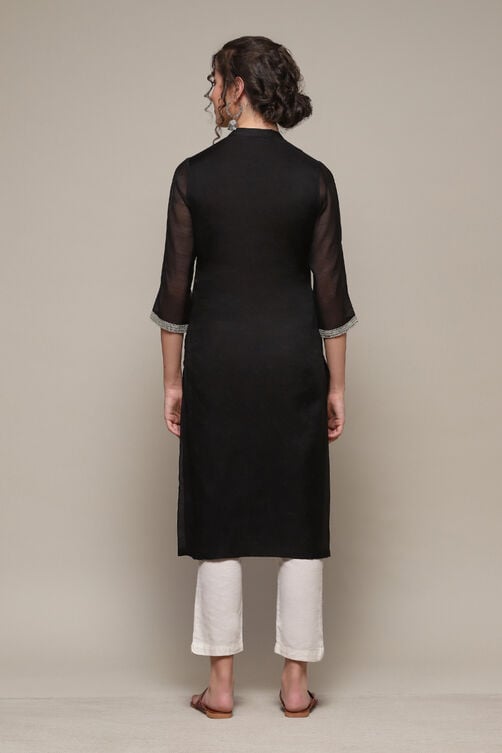 Black Polyester Straight Yarndyed Kurta image number 4
