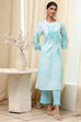 Turquoise Viscose Blend Straight Printed Fusion Set image number 5