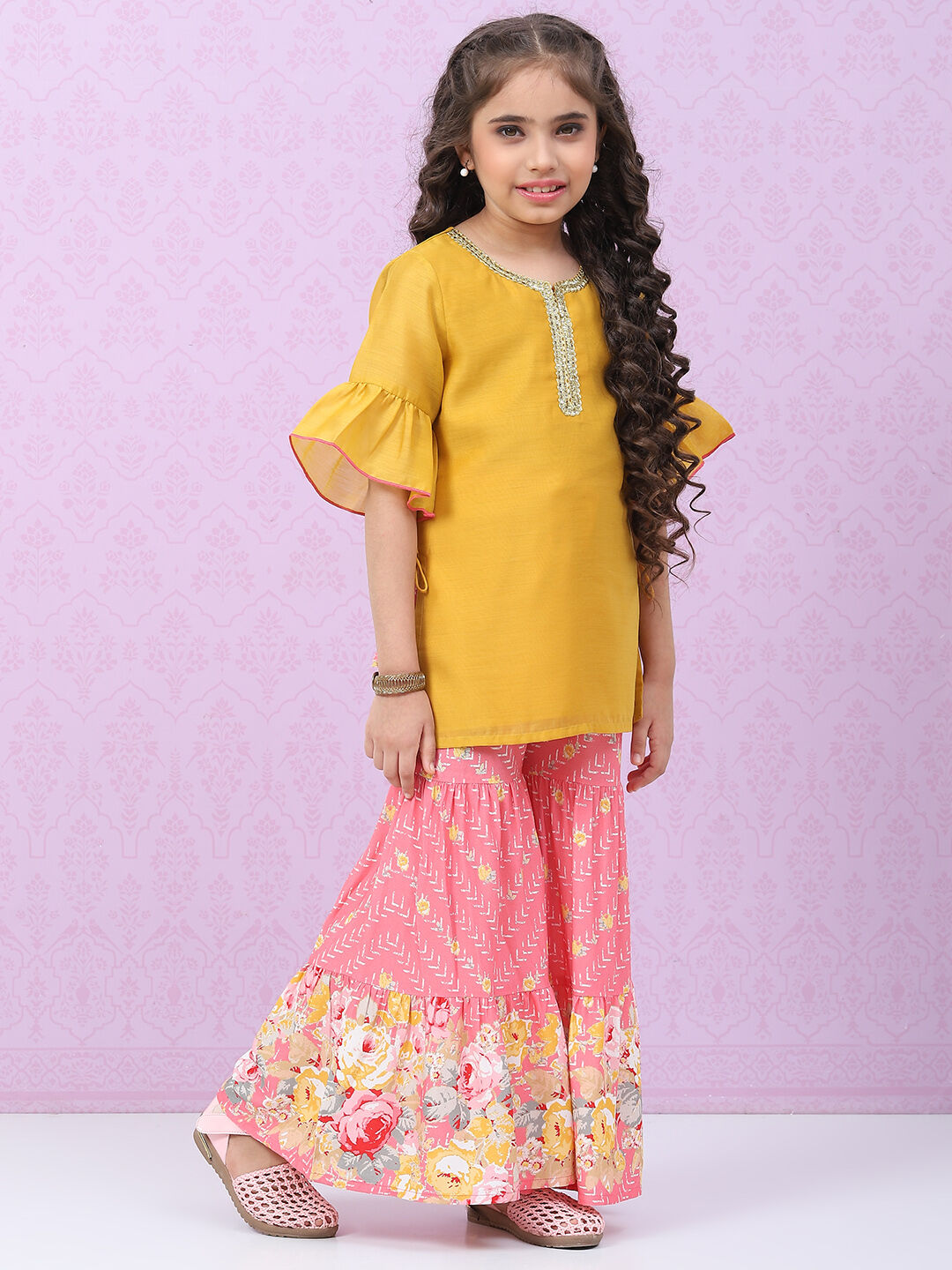 Pink & Yellow Art Silk Straight Kurta Set image number 5