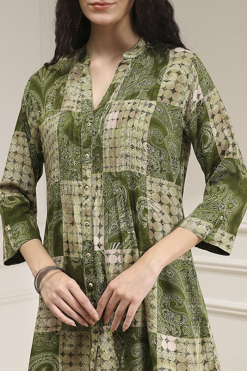Olive Green Pleated Straight Short Kurta image number 1