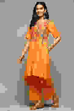 Orange Rayon Asymmetric Kurta Palazzo Suit Set image number 3