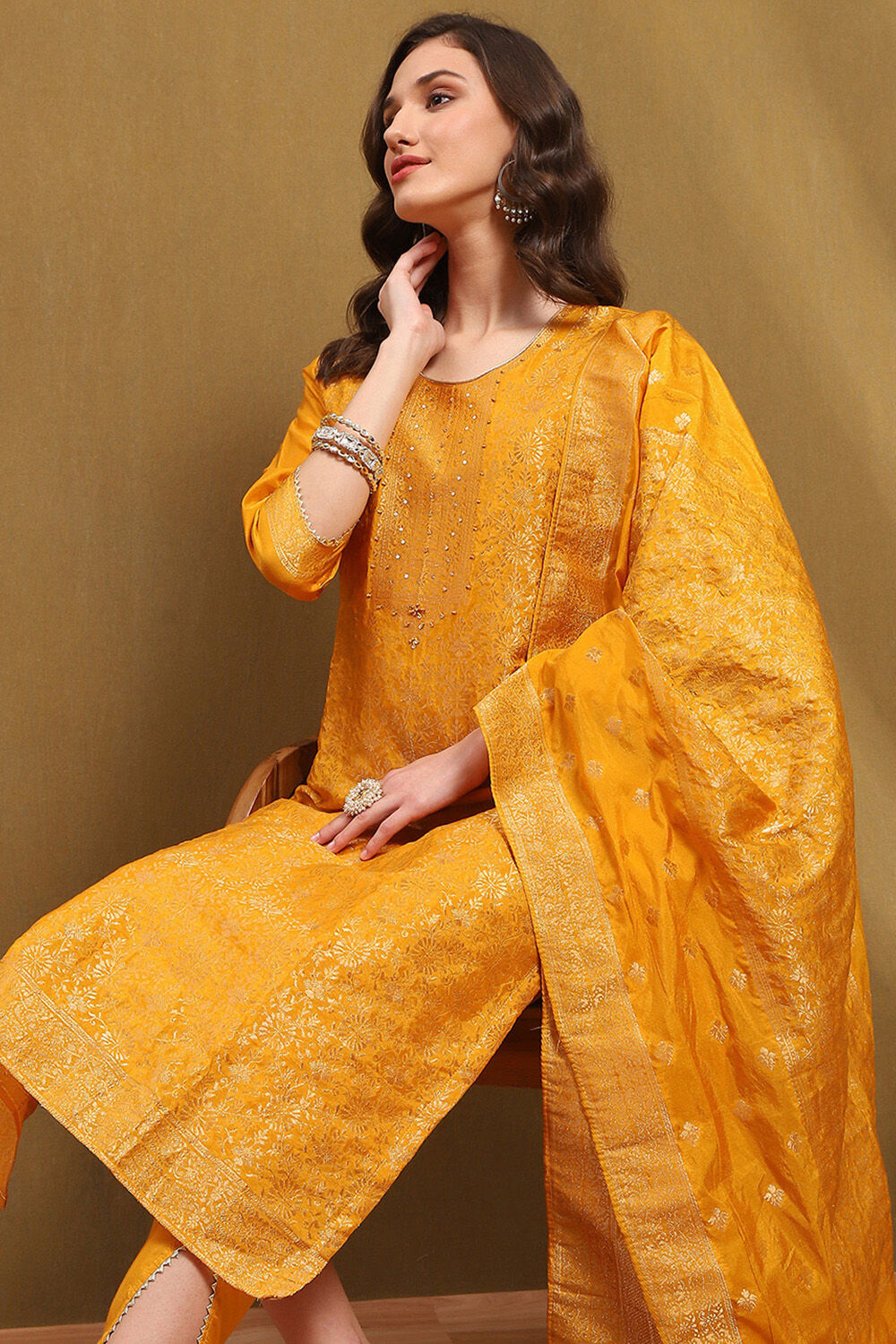 Mustard Yellow Silk Blend Woven Unstitched Suit Set image number 6