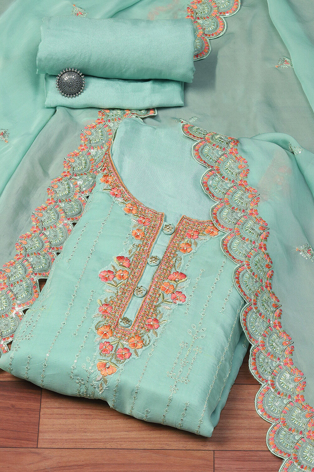Turquoise Organza Machine Embroidered Unstitched Suit Set image number 0