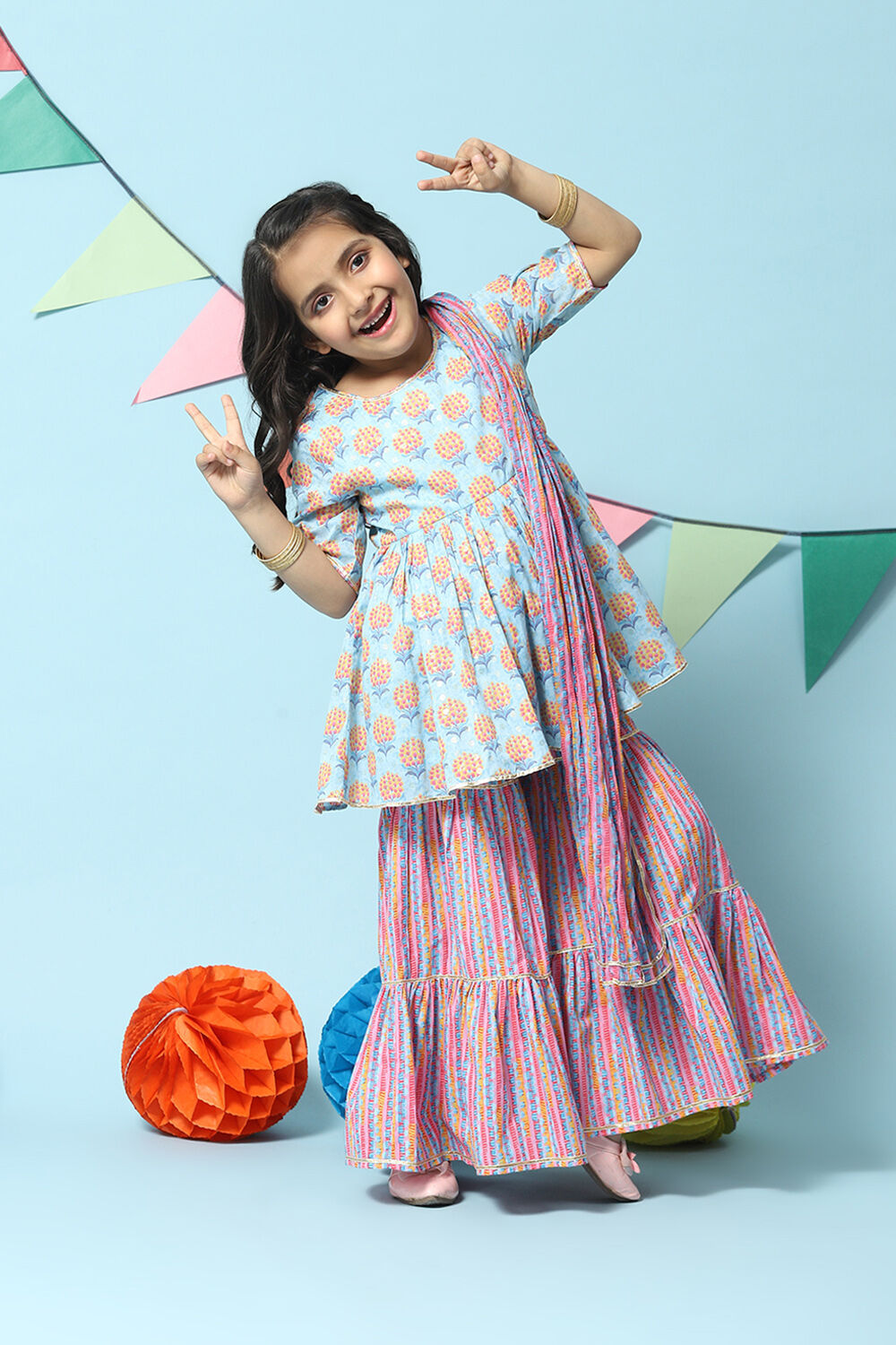 Light Blue Cotton Gathered Kurta Garara Suit Set image number 0