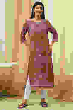Rust Cotton Printed Straight Kurta image number 5