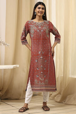 Rust Cotton Printed Straight Kurta image number 5