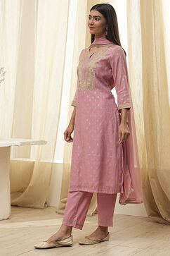 Dull Pink Embroidered Straight Suit Set image number 3