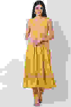 Yellow Cotton Flared Kurta Churidar Suit Set image number 4