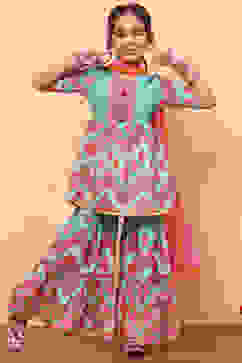 Turquoise Cotton Ikat Printed Peplum Flared Suit Set image number 6