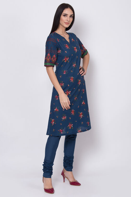 Navy Blue Cotton Straight Kurta Churidar Suit Set image number 3