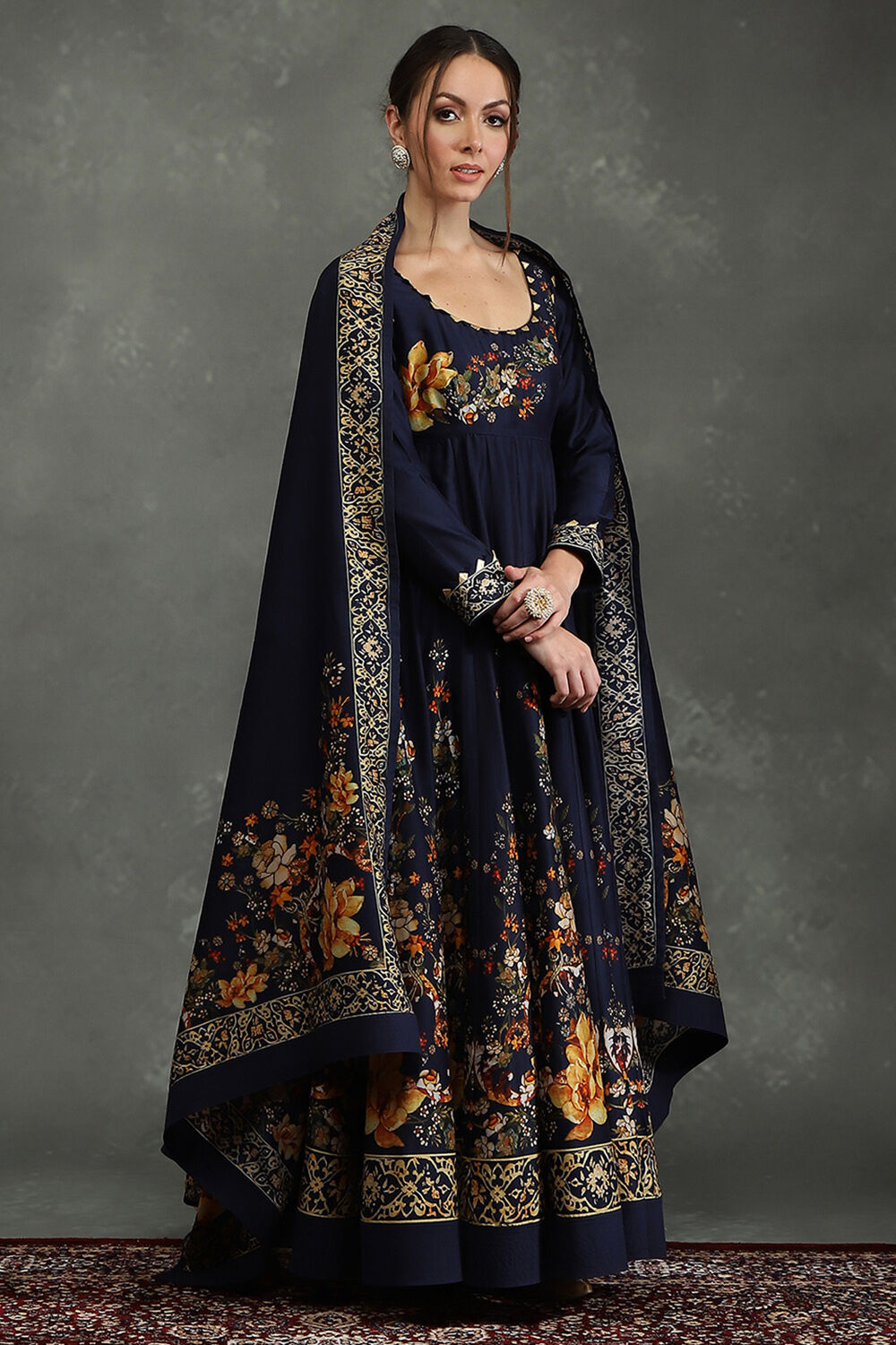 Rohit Bal Indigo Silk Chanderi Floral Anarkali Suit Set image number 5