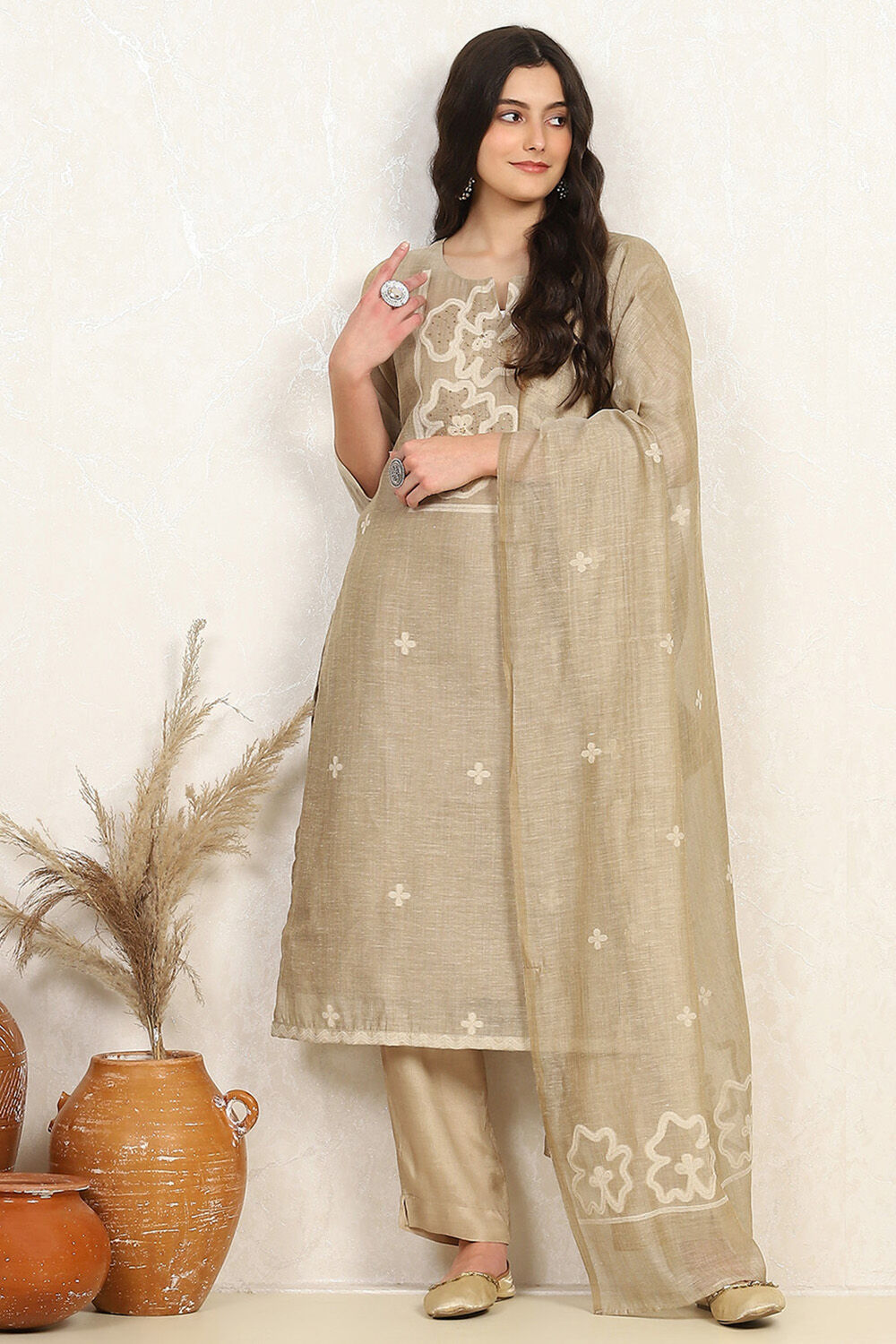 Beige Chanderi Hand Embroidered Unstitched Suit Set image number 1