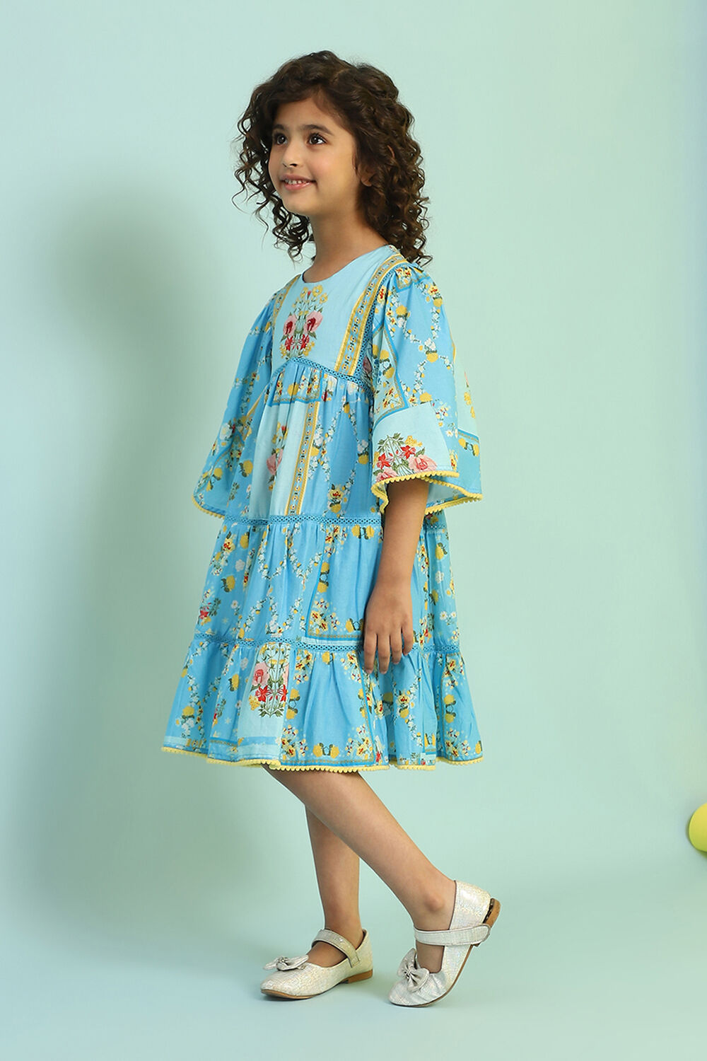 Sky Blue Cotton Printed Tiered Dress image number 2
