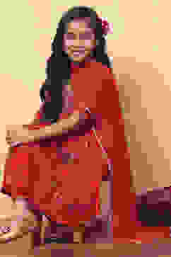 Red Polyester Printed Gathered Suit Set image number 0