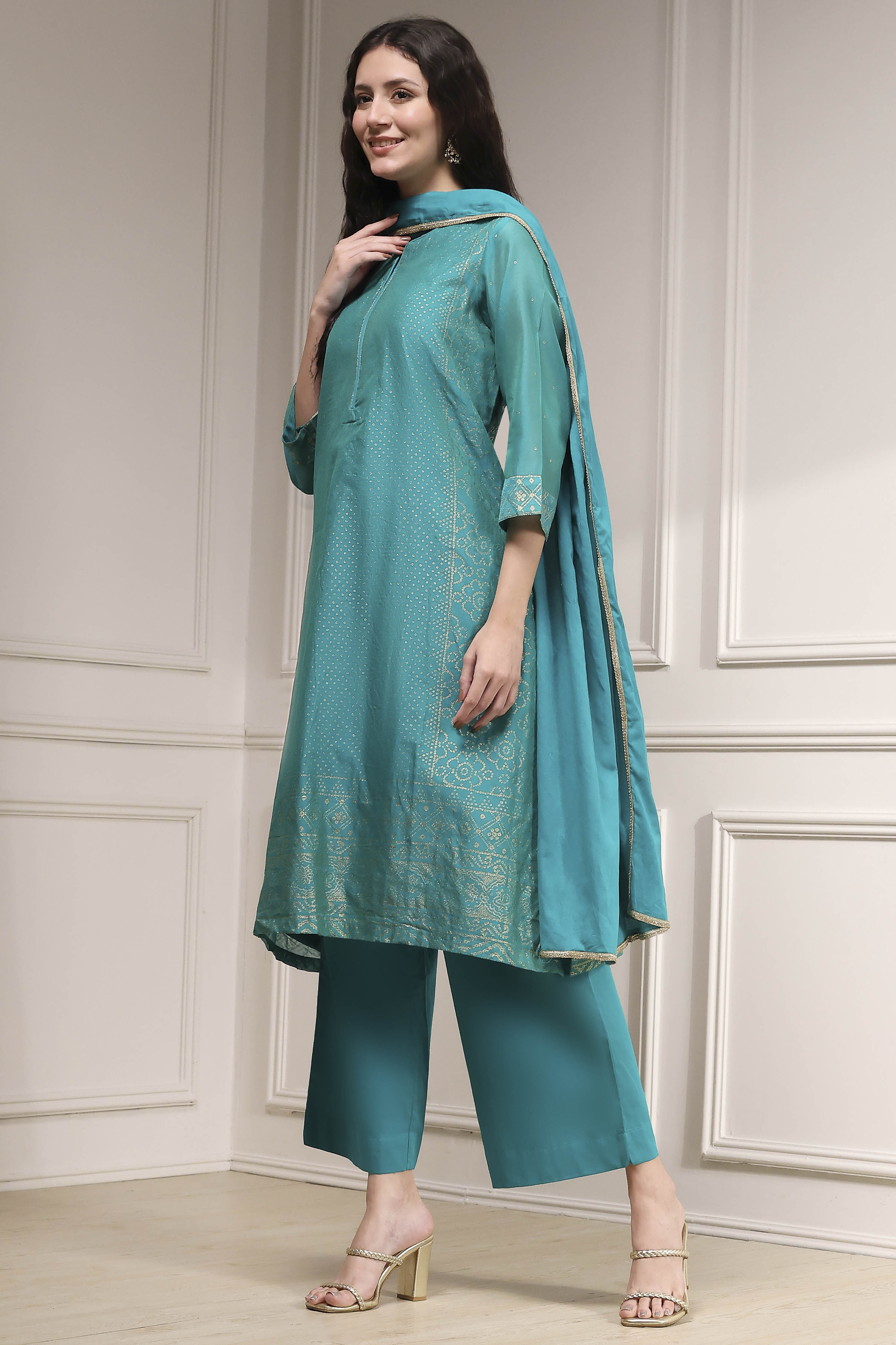 Turquoise Cotton Blend Printed Straight Suit Set image number 3