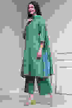 Turquoise Cotton Blend Printed Straight Suit Set image number 3