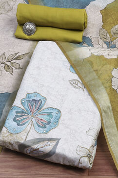Lime Green Linen Blend Machine Embroidered Unstitched Suit Set image number 0