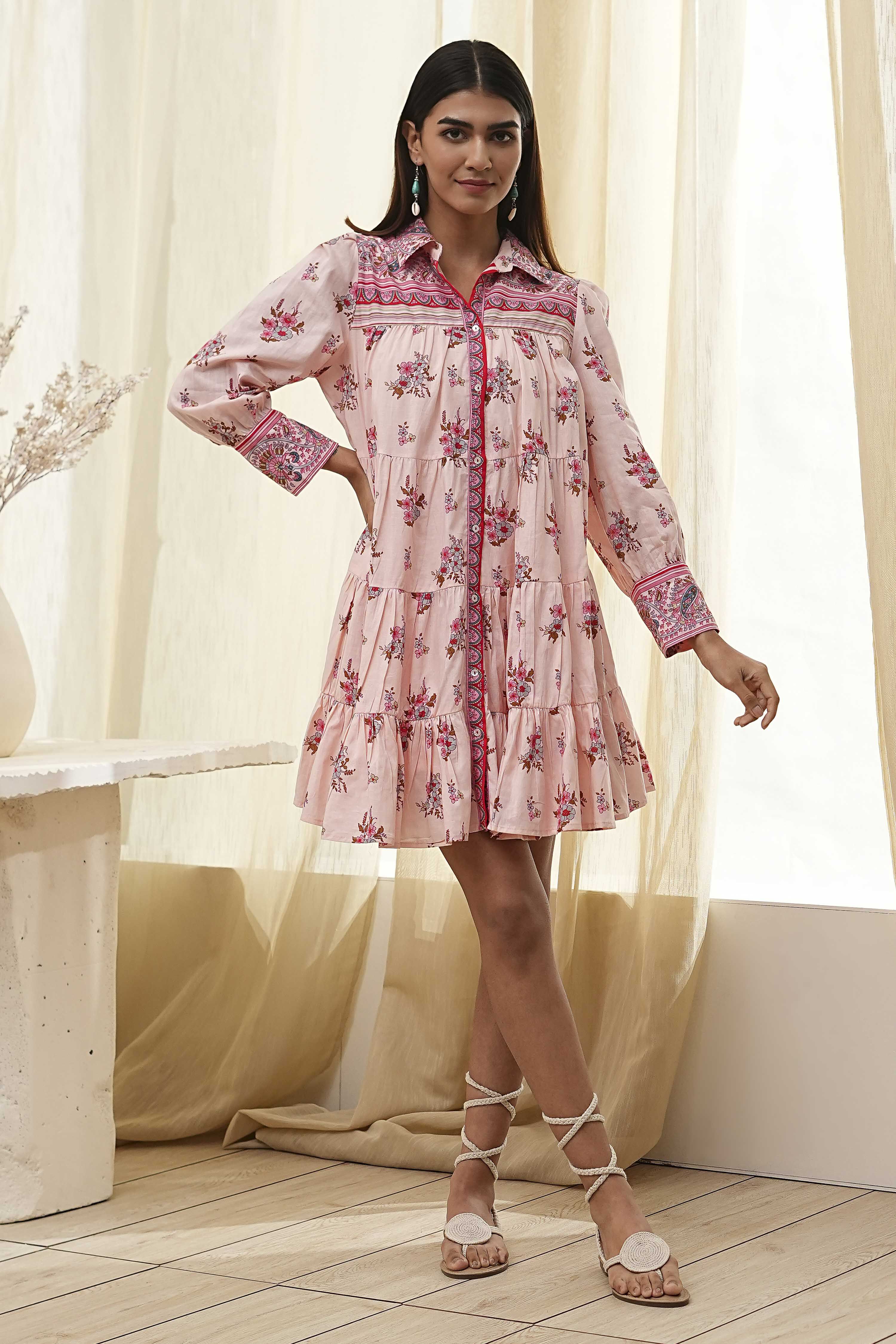 Peach-Colored Cotton  Floral Tiered Dress image number 6