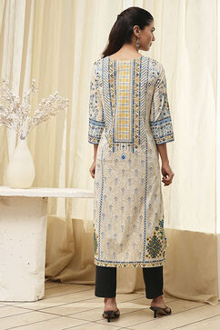 Off-White and Blue Cotton Straight Kurta image number 3