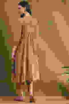 Khaki Cotton Embroidered Gathered Kurta Set image number 4