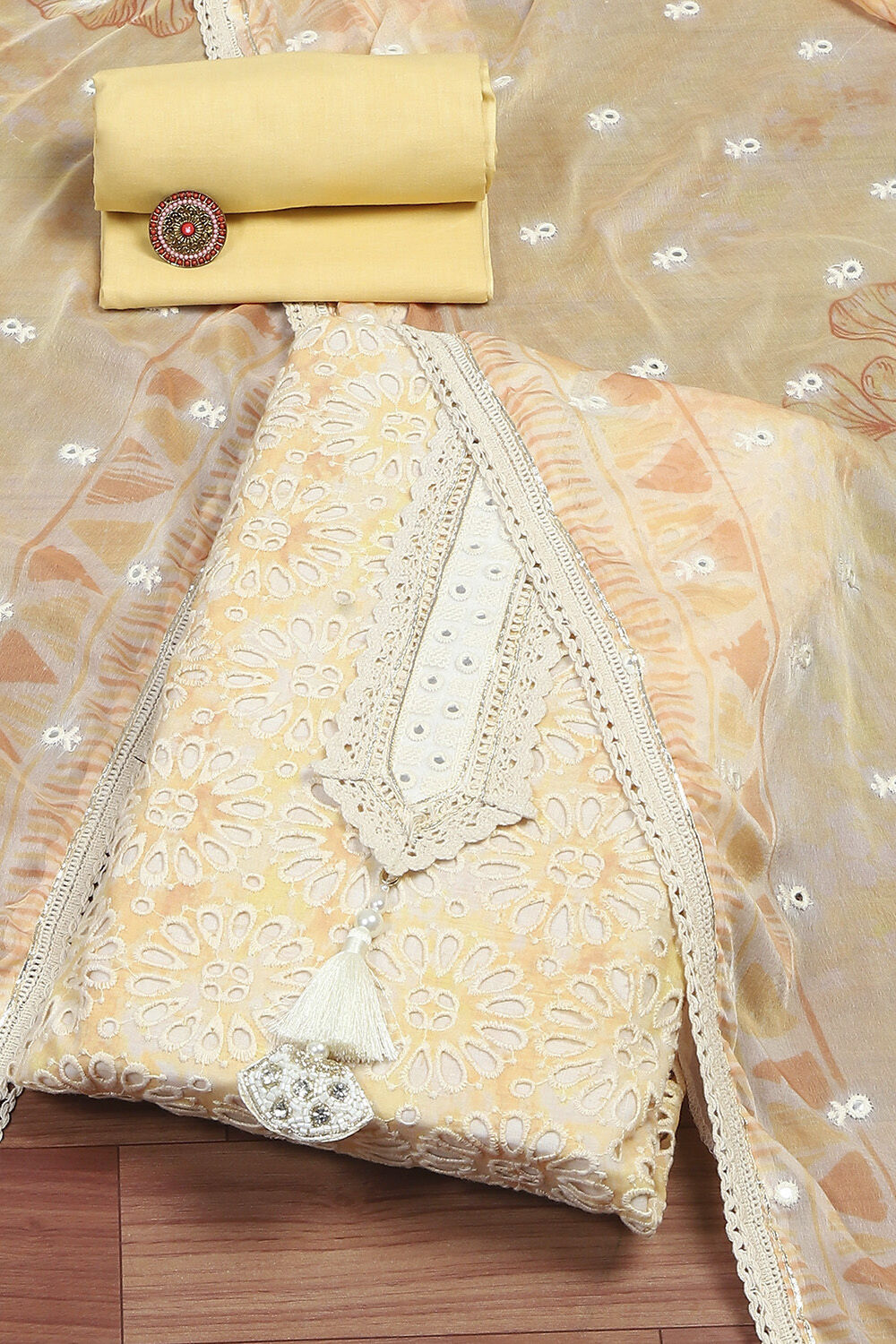 Yellow Cotton Schiffly Unstitched Suit Set image number 0
