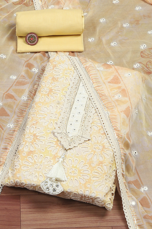 Yellow Cotton Schiffly Unstitched Suit Set image number 0