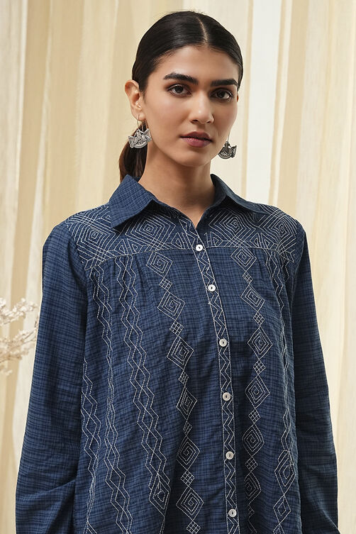 Blue Cotton Blend High-Low Straight Shirt image number 1