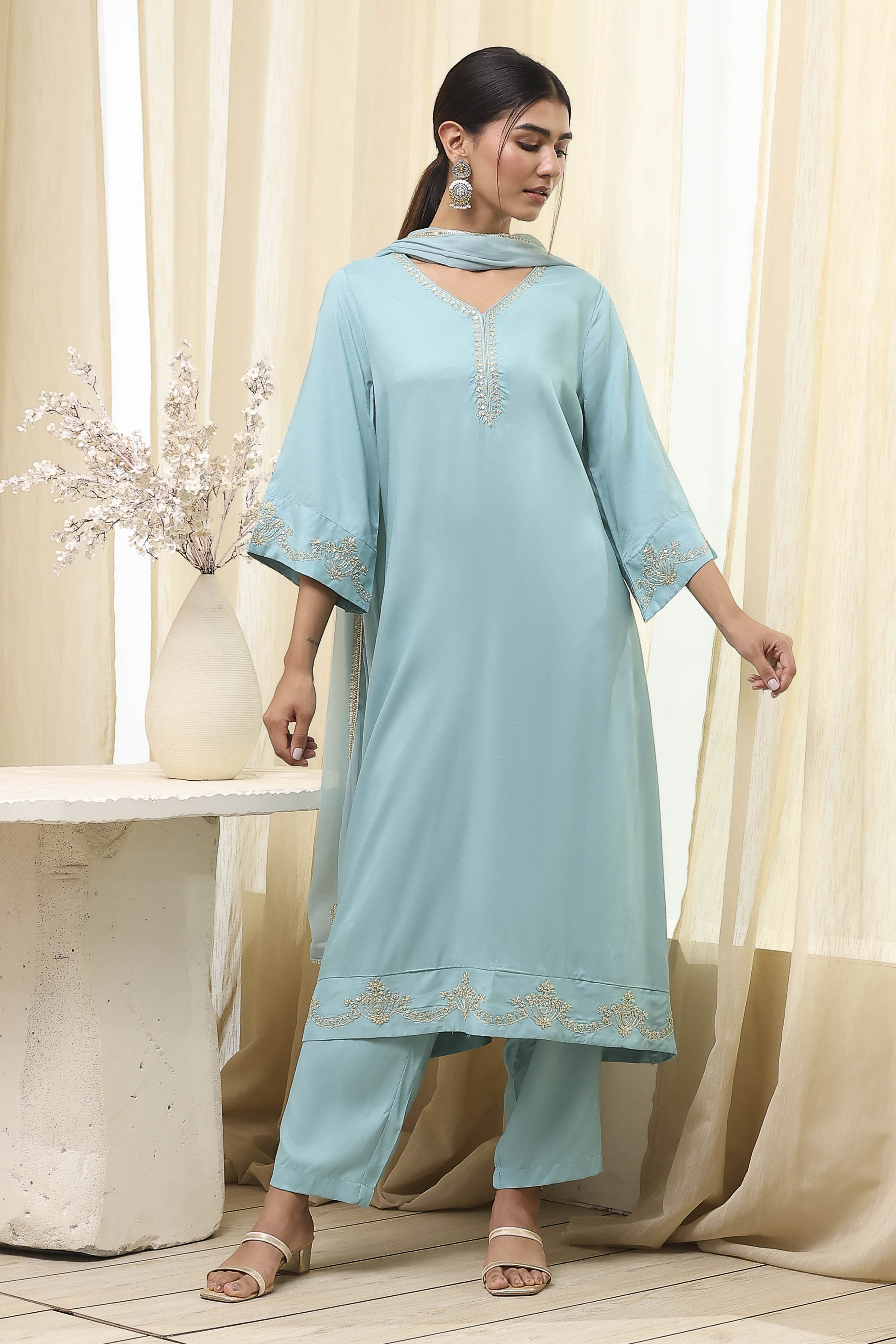 Dull Blue Solid A-Line Suit Set image number 6