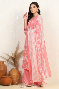 Pink Cotton Screen Print Unstitched Suit Set image number 4