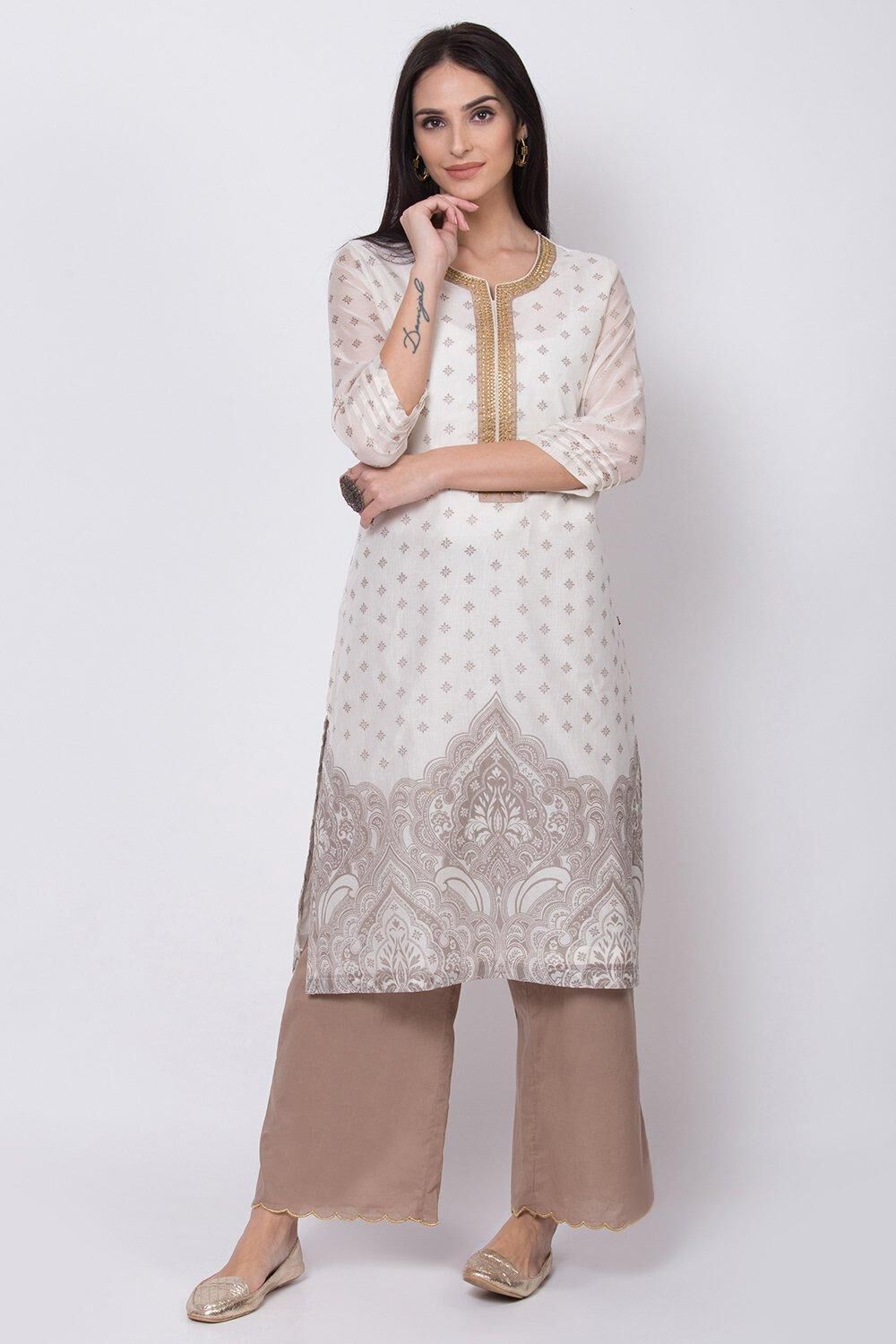 Off White Relaxed Kurta Palazzo Suit Set image number 2