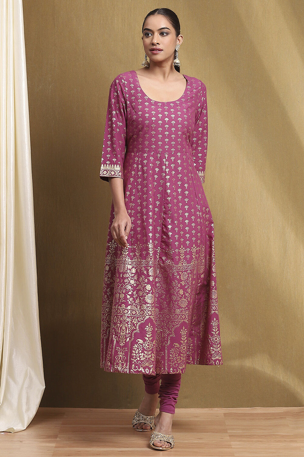 Plum Cotton Printed Anarkali Suit Set image number 7