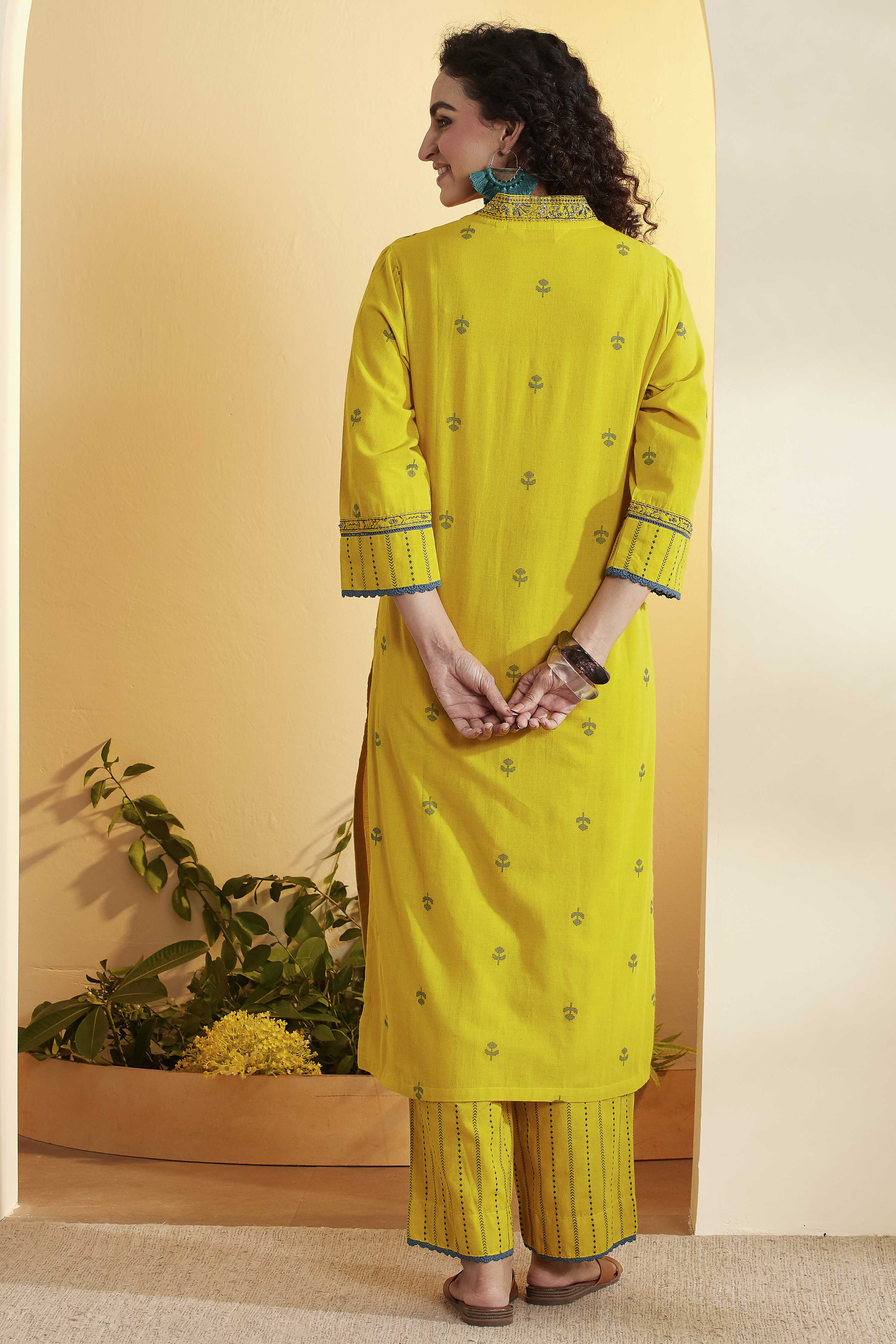 Lime Yellow Cotton Yarndyed Straight Kurta Set image number 5